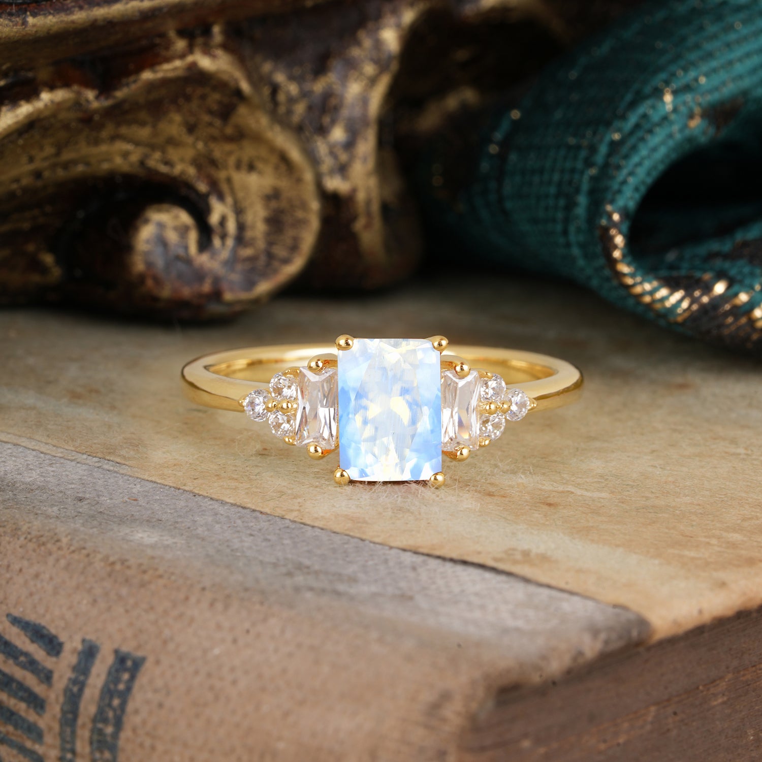 1 Carat Emerald Cut Natural Moonstone Engagement Ring Classic Side Stone Engagement Ring