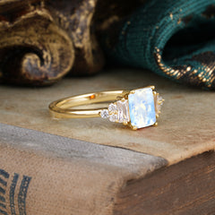 1 Carat Emerald Cut Natural Moonstone Engagement Ring Classic Side Stone Wedding Ring