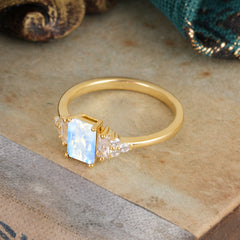 1 Carat Emerald Cut Natural Moonstone Engagement Ring Classic Side Stone Wedding Ring