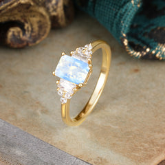 1 Carat Emerald Cut Natural Moonstone Engagement Ring Classic Side Stone Wedding Ring