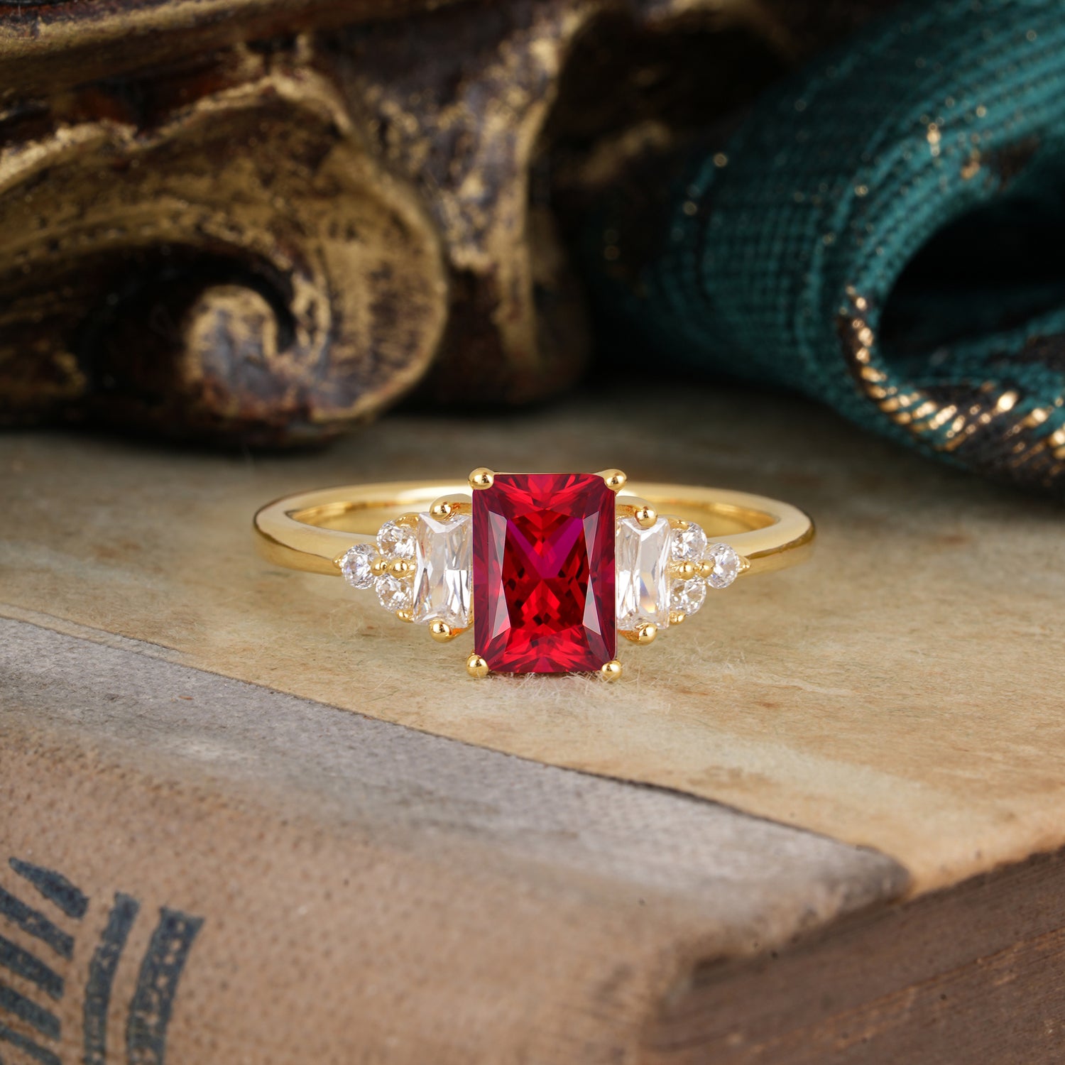 1 Carat Emerald Cut Ruby Engagement Ring Classic Side Stone Engagement Ring