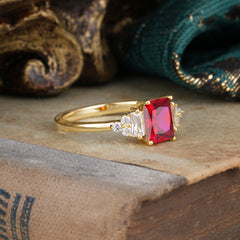 1 Carat Emerald Cut Ruby Engagement Ring Classic Side Stone Wedding Ring