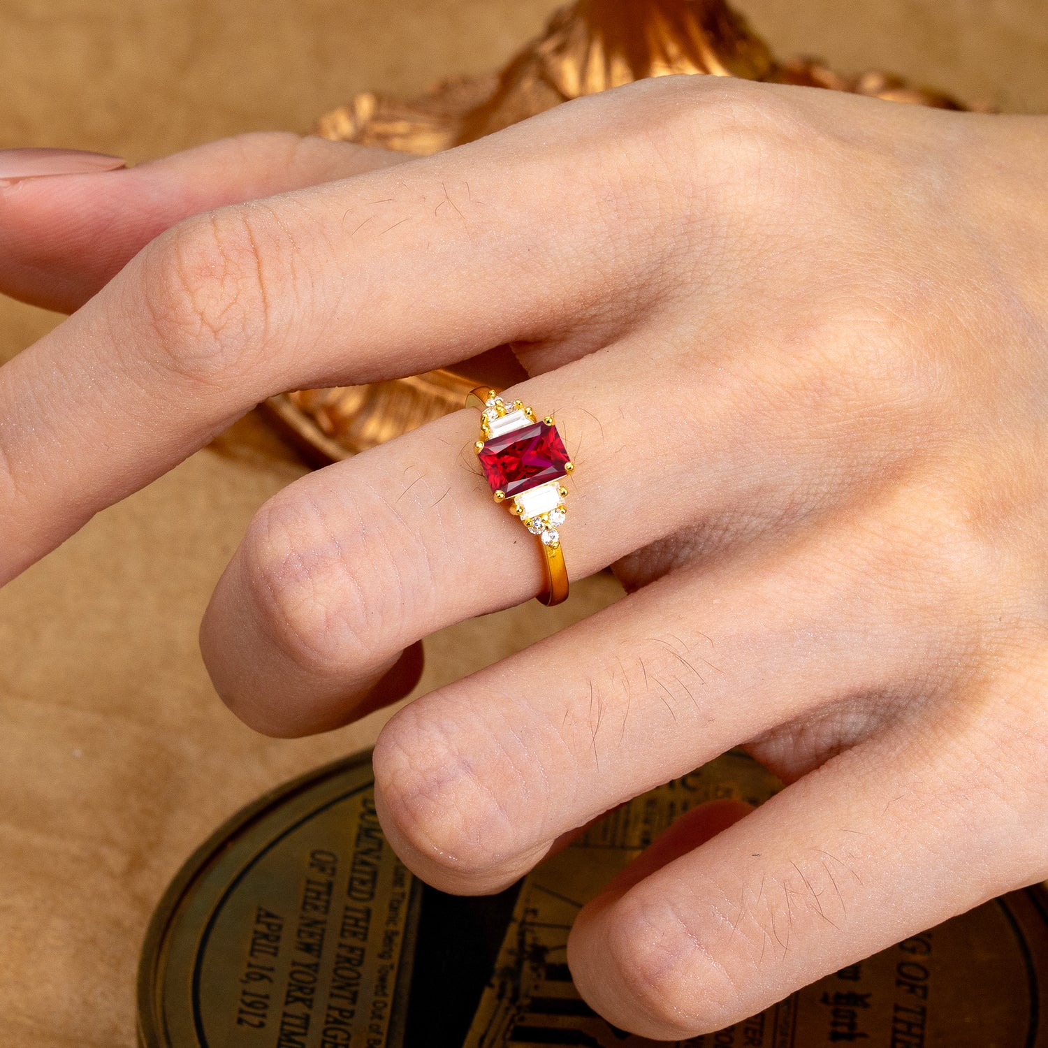 1 Carat Emerald Cut Ruby Engagement Ring Classic Side Stone Engagement Ring