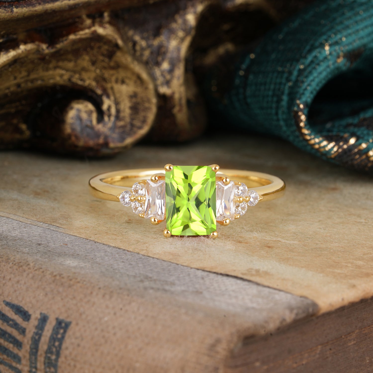 1 Carat Emerald Cut Peridot Engagement Ring Classic Side Stone Engagement Ring