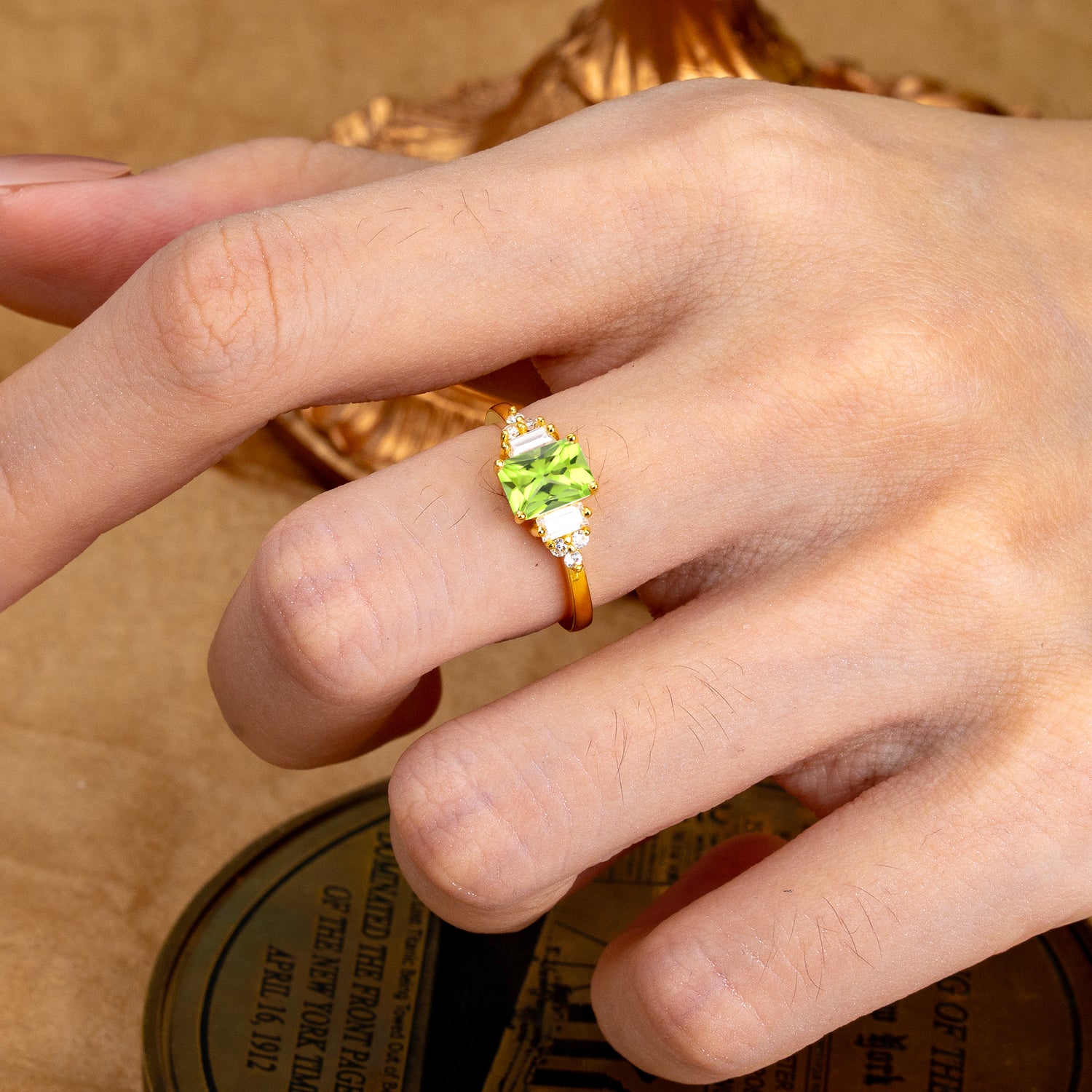 1 Carat Emerald Cut Peridot Engagement Ring Classic Side Stone Engagement Ring