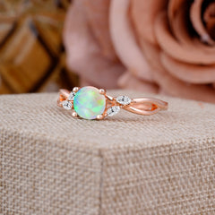 1 Carat Round Opal Promise Ring Nature Inspired Leaf Engagement Ring