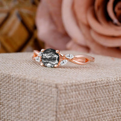 1 Carat Round Black Rutilated Quartz Promise Ring Nature Theme Engagement Ring