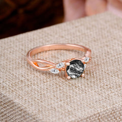 1 Carat Round Black Rutilated Quartz Promise Ring Nature Theme Engagement Ring