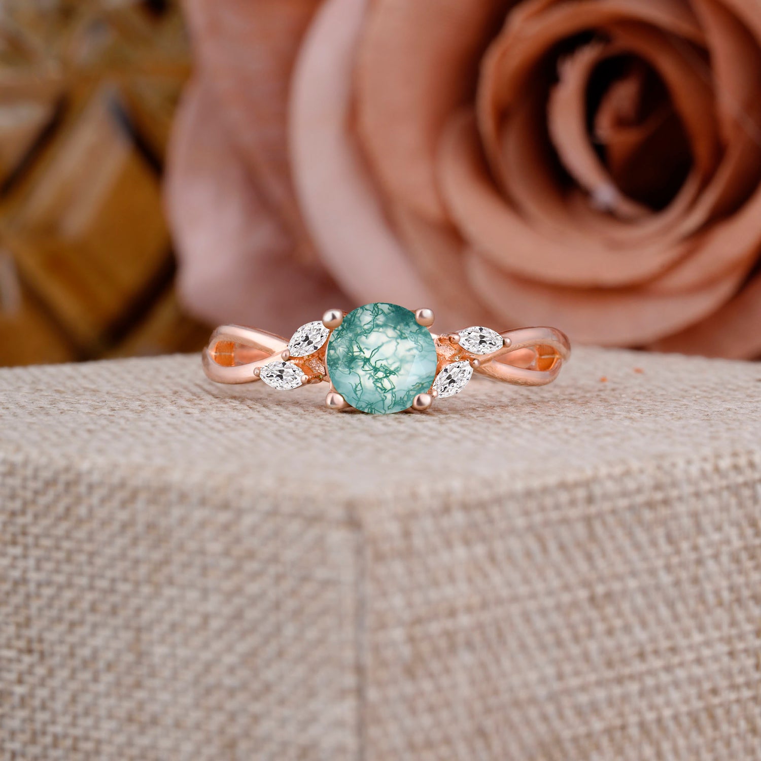 1 Carat 4 Side Stone Round Moss Agate Promise Engagement Ring