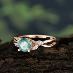1 Carat Round Moss Agate Promise Ring Nature Inspired Leaf Engagement Ring