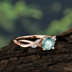 1 Carat Round Moss Agate Promise Ring Nature Inspired Leaf Engagement Ring