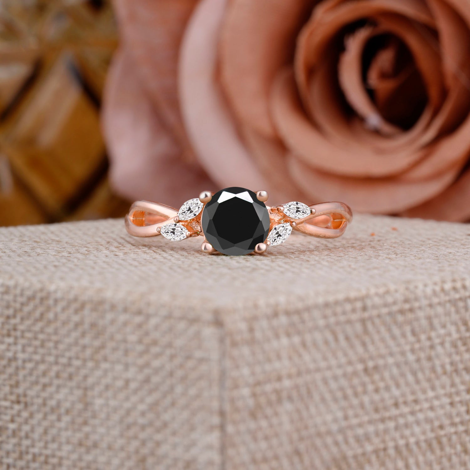 1 Carat 4 Side Stone Round Black Onyx Promise Engagement Ring