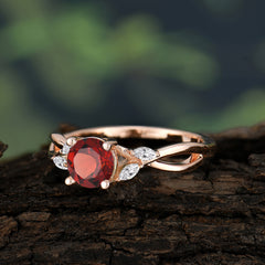 1 Carat Round Garnet Promise Ring Nature Inspired Leaf Engagement Ring