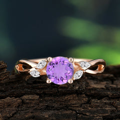 1 Carat Round Amethyst Promise Ring Nature Inspired Leaf Engagement Ring