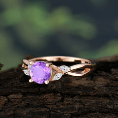 1 Carat Round Amethyst Promise Ring Nature Inspired Leaf Engagement Ring