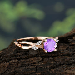 1 Carat Round Amethyst Promise Ring Nature Inspired Leaf Engagement Ring