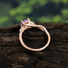 1 Carat Round Amethyst Promise Ring Nature Inspired Leaf Engagement Ring