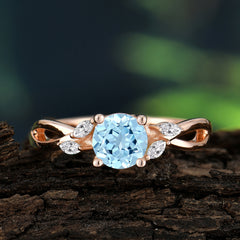 1 Carat Round Aquamarine Promise Ring Nature Inspired Leaf Engagement Ring