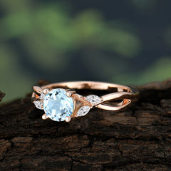 1 Carat Round Aquamarine Promise Ring Nature Inspired Leaf Engagement Ring