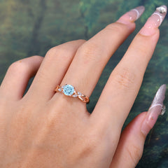 1 Carat Round Aquamarine Promise Ring Nature Inspired Leaf Engagement Ring