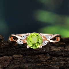 1 Carat Round Peridot Promise Ring Nature Inspired Leaf Engagement Ring