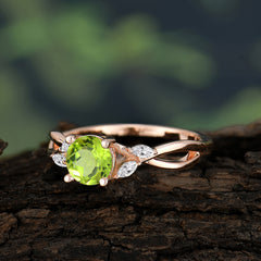 1 Carat Round Peridot Promise Ring Nature Inspired Leaf Engagement Ring