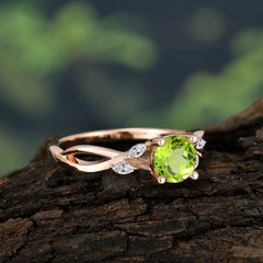 1 Carat Round Peridot Promise Ring Nature Inspired Leaf Engagement Ring