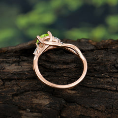 1 Carat Round Peridot Promise Ring Nature Inspired Leaf Engagement Ring