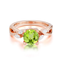 1 Carat Round Peridot Promise Ring Nature Inspired Leaf Engagement Ring