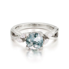 1 Carat Round Moss Agate Promise Ring Nature Inspired Leaf Engagement Ring
