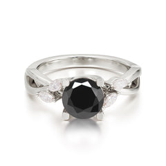 1 Carat Round Black Onyx Promise Ring Nature Inspired Leaf Engagement Ring
