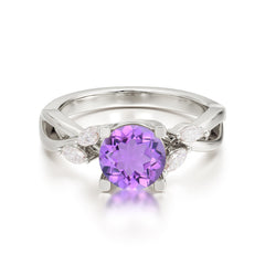 1 Carat Round Amethyst Promise Ring Nature Inspired Leaf Engagement Ring