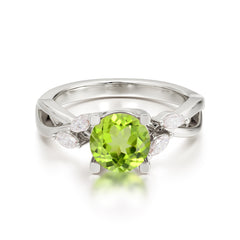 1 Carat Round Peridot Promise Ring Nature Inspired Leaf Engagement Ring