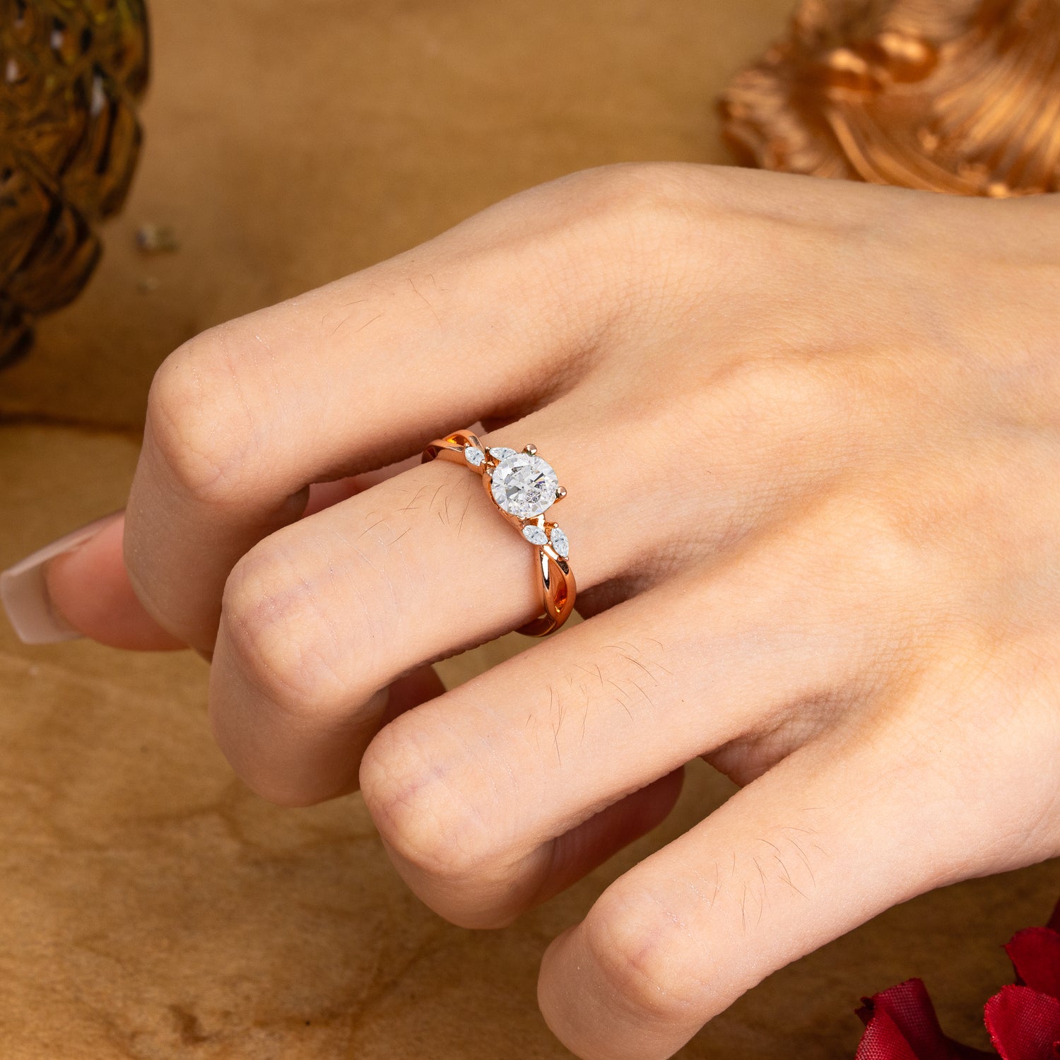 1 Carat 4 Side Stone Round Moissanite Promise Engagement Ring