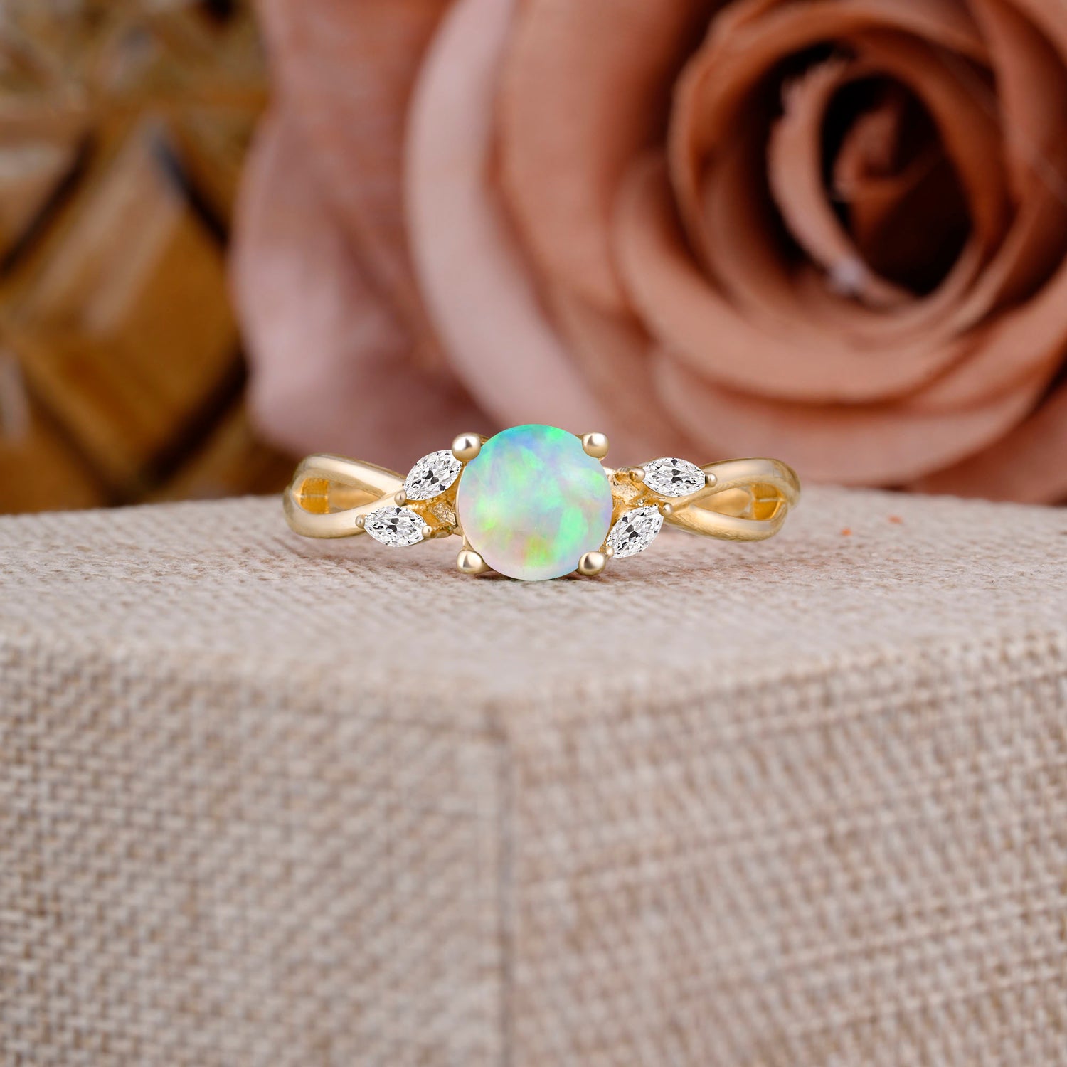 1 Carat 4 Side Stone Round Opal Promise Engagement Ring