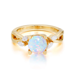 1 Carat Round Opal Promise Ring Nature Inspired Leaf Engagement Ring