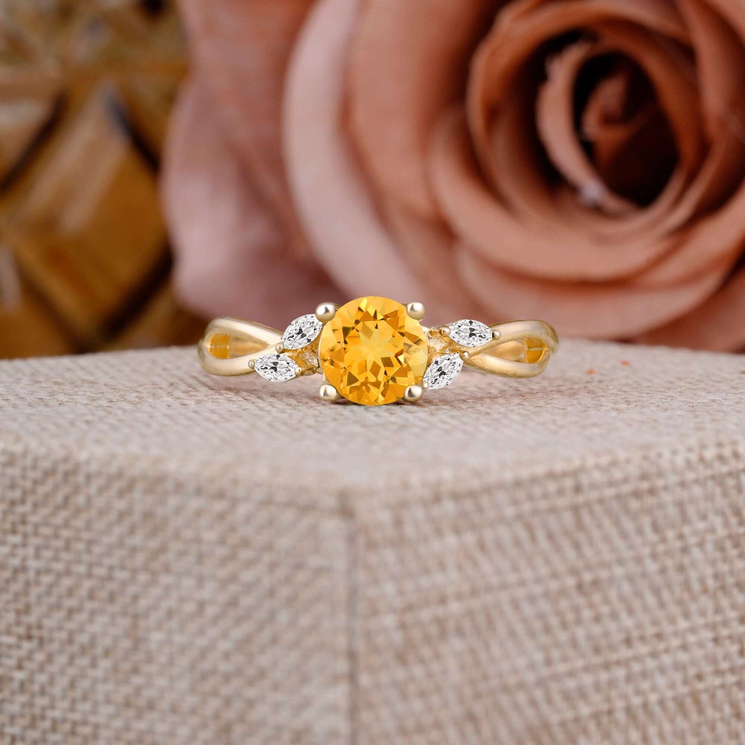 1 Carat 4 Side Stone Round Citrine Promise Engagement Ring
