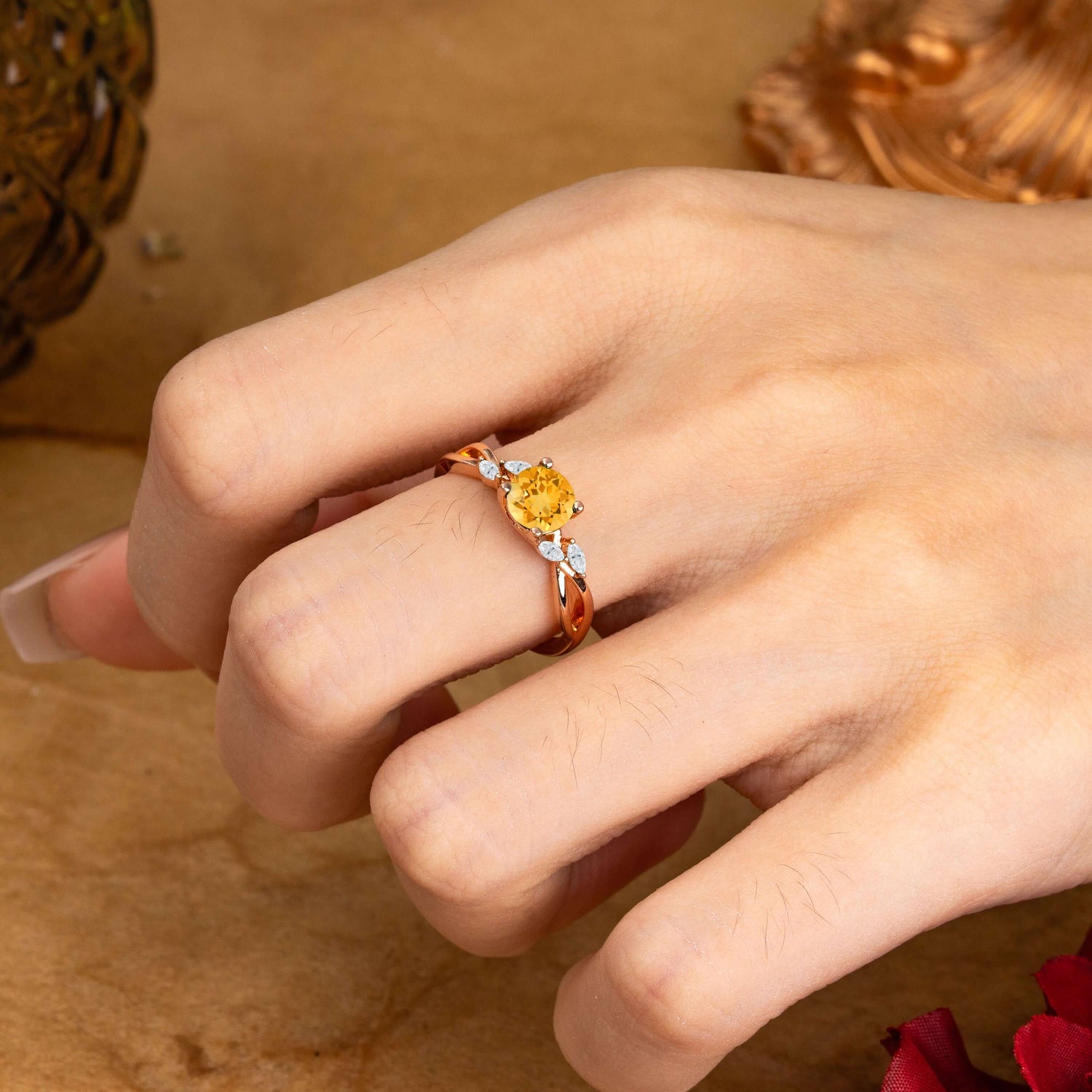 1 Carat 4 Side Stone Round Citrine Promise Engagement Ring