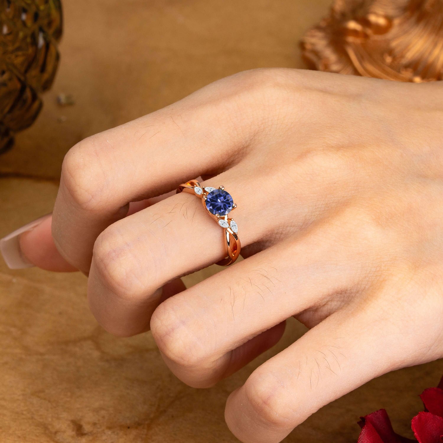 1 Carat 4 Side Stone Round Tanzanite Promise Engagement Ring