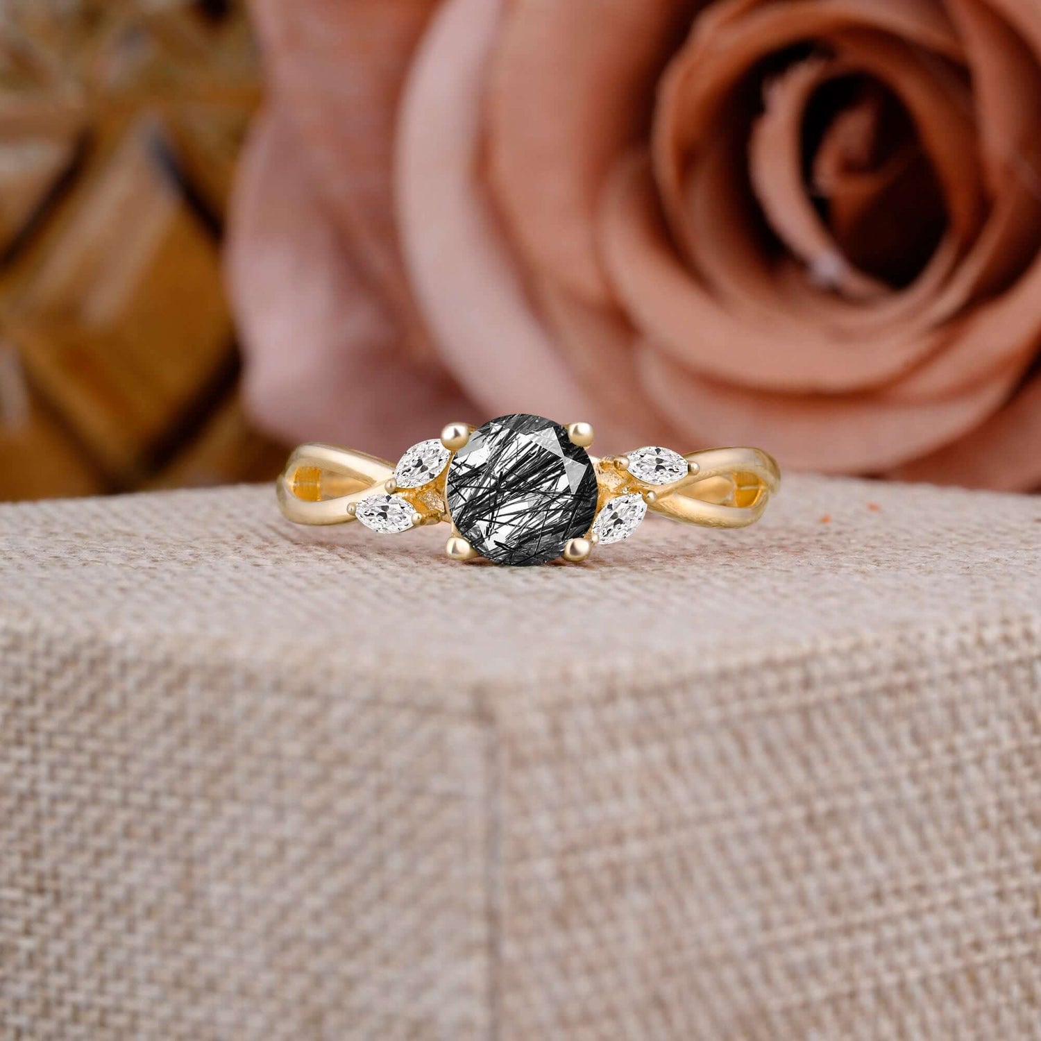1 Carat 4 Side Stone Round Black Rutilated Quartz Promise Engagement Ring