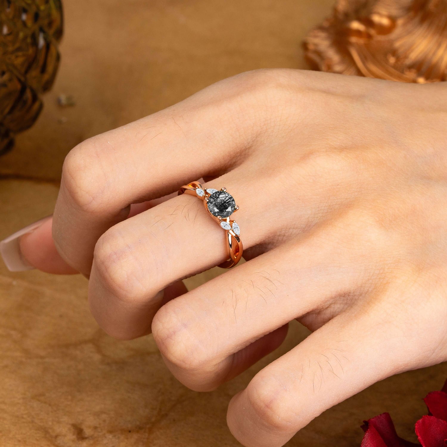 1 Carat 4 Side Stone Round Black Rutilated Quartz Promise Engagement Ring
