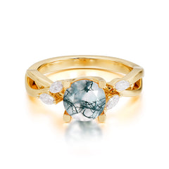 1 Carat Round Moss Agate Promise Ring Nature Inspired Leaf Engagement Ring