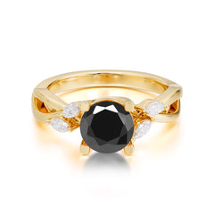 1 Carat Round Black Onyx Promise Ring Nature Inspired Leaf Engagement Ring
