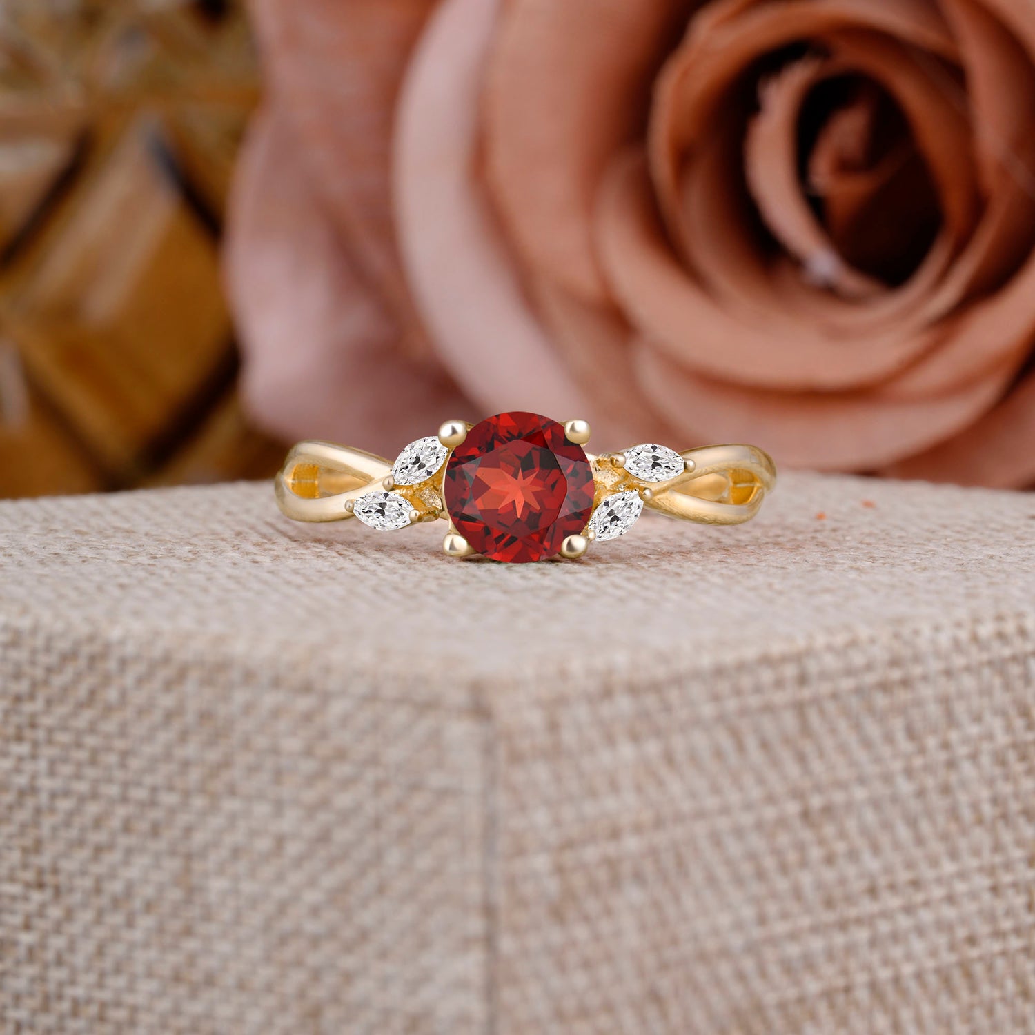 1 Carat 4 Side Stone Round Garnet Promise Engagement Ring