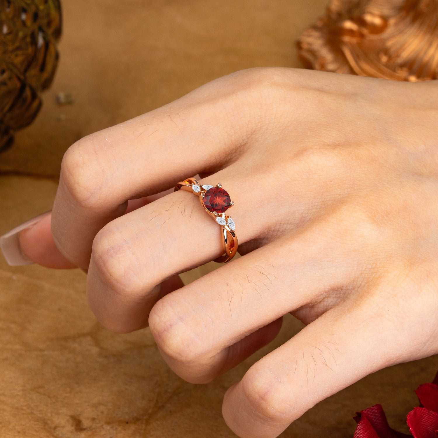 1 Carat 4 Side Stone Round Garnet Promise Engagement Ring