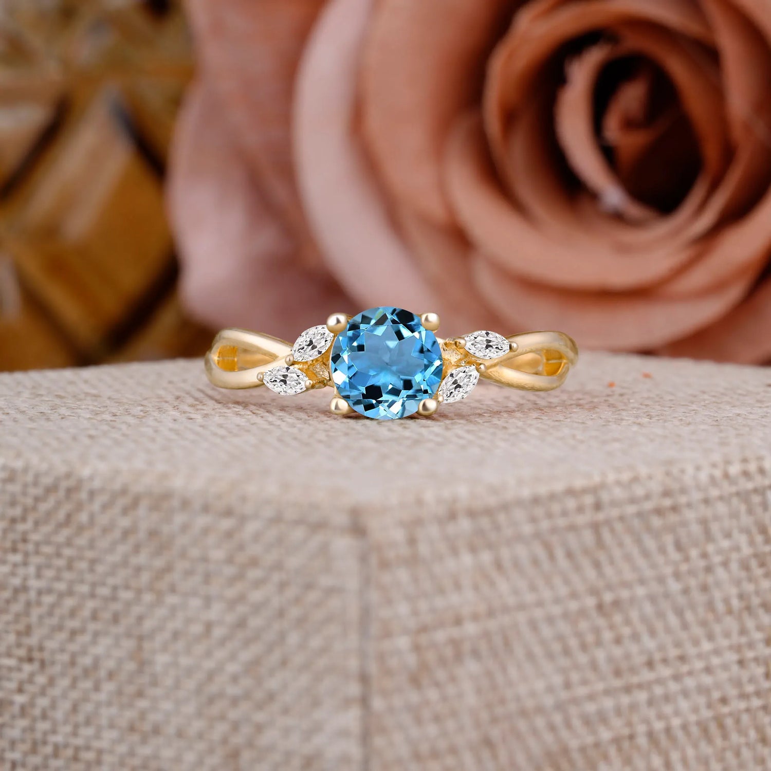 1 Carat 4 Side Stone Round Aquamarine Promise Engagement Ring