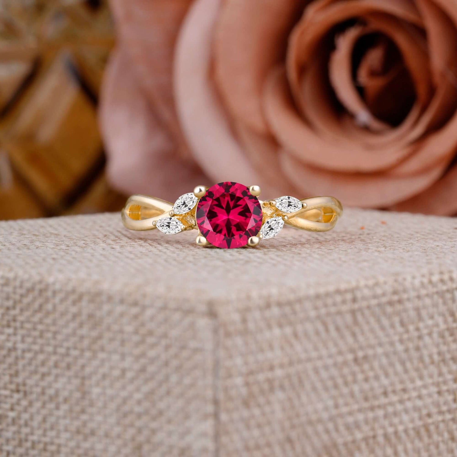1 Carat 4 Side Stone Round Ruby Promise Engagement Ring