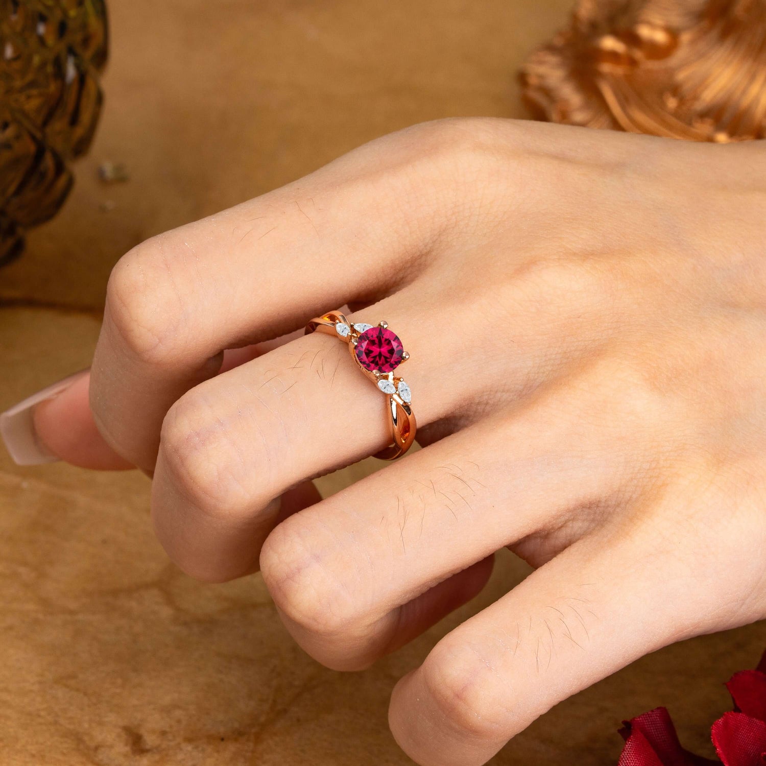 1 Carat 4 Side Stone Round Ruby Promise Engagement Ring
