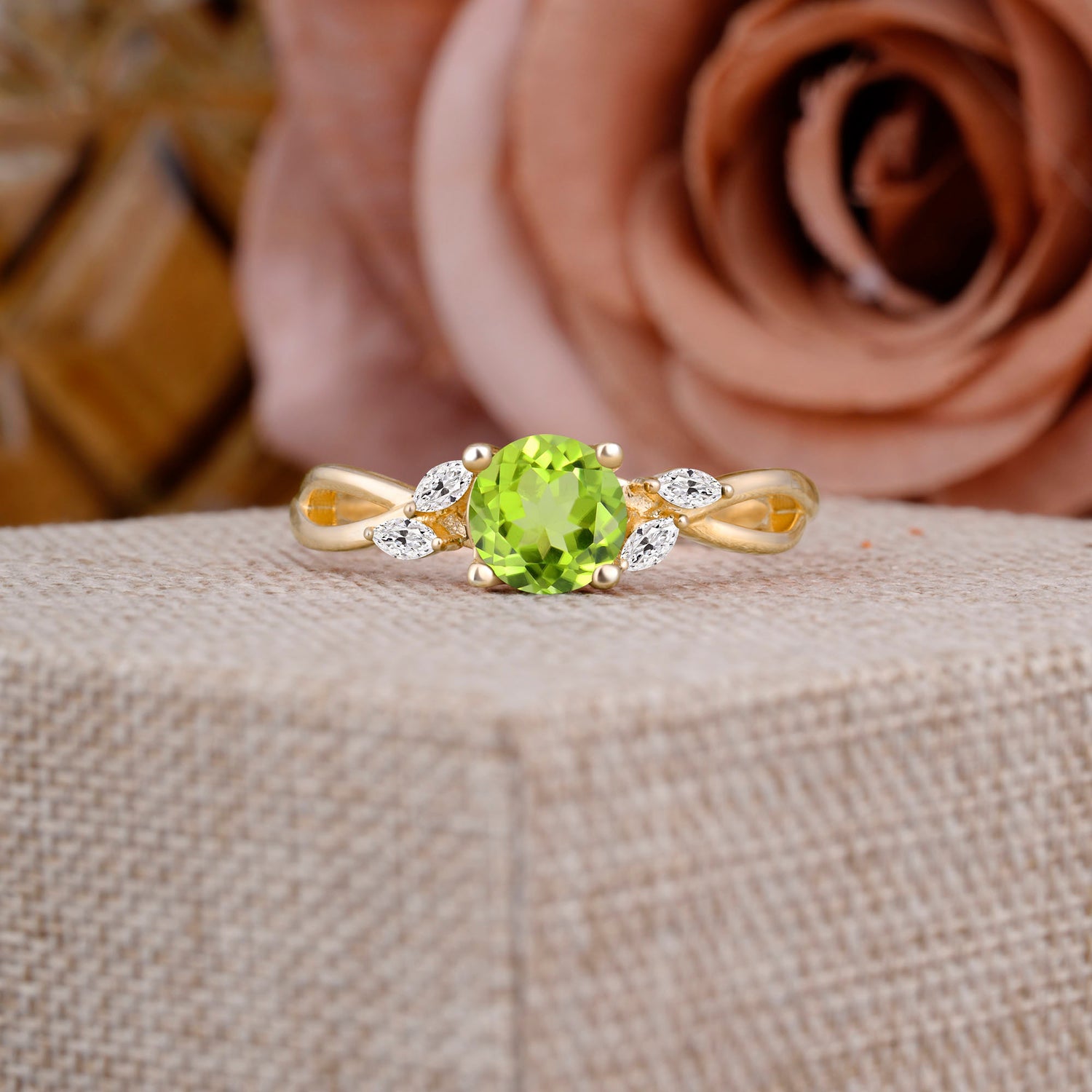 1 Carat 4 Side Stone Round Peridot Promise Engagement Ring