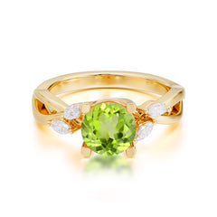 1 Carat Round Peridot Promise Ring Nature Inspired Leaf Engagement Ring